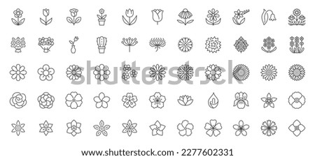 Flowers line icons set. Blooming plants - rose, tulip, daisy bouquet, sunflower, lotus, chamomile, dandelion, chrysanthemum, lily vector illustration. Outline signs for floral shop. Editable Stroke Royalty-Free Stock Photo #2277602331