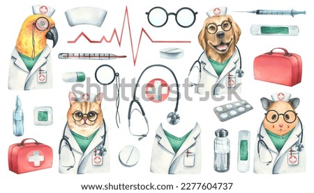 Medical set with animal doctors cat, dog, parrot and hamster. Watercolor illustration. Isolated objects from the VETERINARY collection. For the design and design of clinics, hospitals, pharmacies