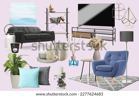 Living room interior design. Collage with different combinable furniture and decorative elements on pale light pink background