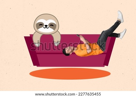 Composite collage portrait of positive lazy guy lay couch use smart phone drawing sloth isolated on creative background