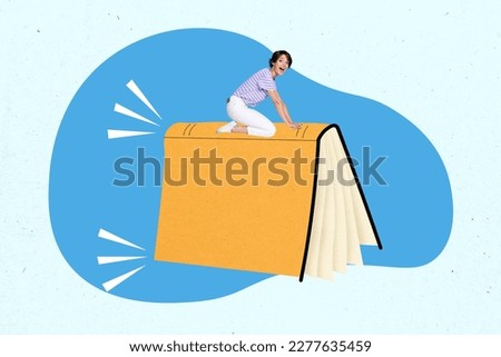 Collage sketch image of overjoyed astonished mini girl sit huge flying book isolated on drawing blue background