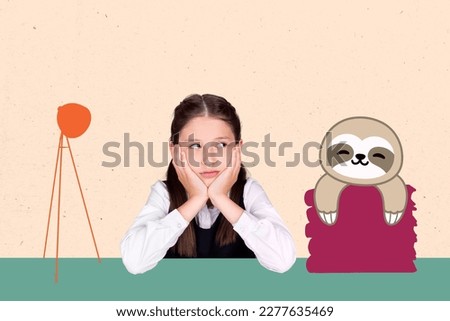 Creative collage image of sad bored lazy girl hands touch cheeks drawing sloth pile stack book isolated on painted background