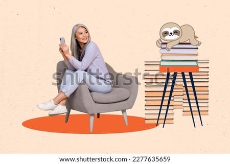 Collage of lady sitting comfortable chair chilling hold smartphone browsing ebook lying funny painted sloth animal bored isolated on beige background