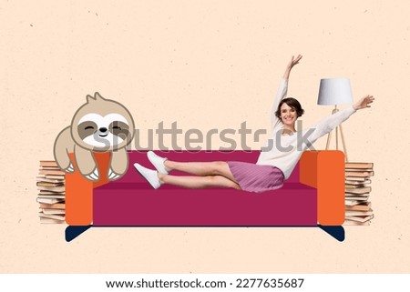 Collage ad of carefree girl raised hands up lying house sofa with animal sloth relax time read books favorite genre isolated on beige background