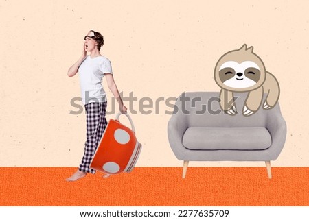 Collage picture photo of young yawning girl wear nightwear mask walk with empty cup coffee need energy lazy morning isolated on beige background
