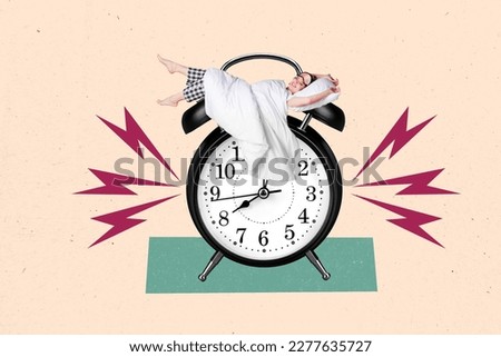 Photo collage of young relaxed funny girl wear pajama relaxing lying alert oclock good morning wakeup ringing timer isolated on beige background