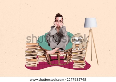 Photo collage of young girl comfortable chair wear pajama dont like learning information much books before university isolated on beige background