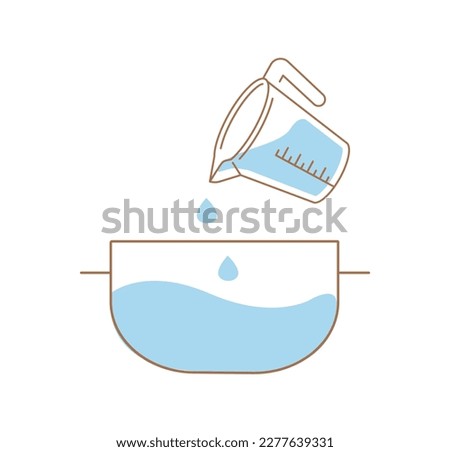 Cooking in pan. Pour water from filter and jug into cookware for boiling and heating. Stage or step of preparation pasta or soup. Template, layout and mockup. Cartoon flat vector illustration Royalty-Free Stock Photo #2277639331