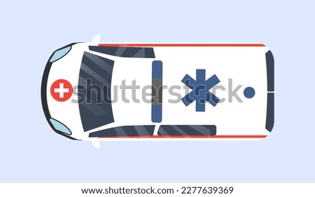 Ambulance car top view. Government transport with international identification marks and sirens. White cross in red circle. Poster or banner for website. Cartoon flat vector illustration