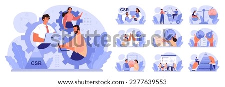 Corporate social responsibility set. CSR, business take responsibility for impact on environment. Reduction of carbon footprint, negative impact of production. Flat vector illustration Royalty-Free Stock Photo #2277639553