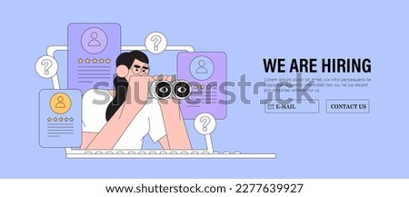 Recruitment agency, hiring employees. Hr manager selects the best candidate for job vacancy. CV, resume analysis. Hand drawn vector illustration isolated on purple background, flat cartoon style. Royalty-Free Stock Photo #2277639927