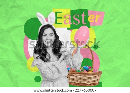 Bright collage image poster postcard card of positive girl demonstrate big pink egg preparing sunday event isolated on drawing background