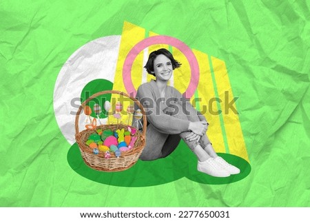 Creative colorful photo collage greeting picture poster postcard artwork of joyful girl enjoy holiday season isolated on drawing background