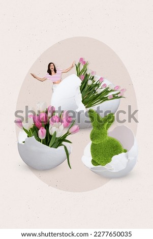 Vertical collage picture of mini funky positive girl big fresh tulip flowers inside broken egg shell fluffy rabbit toy