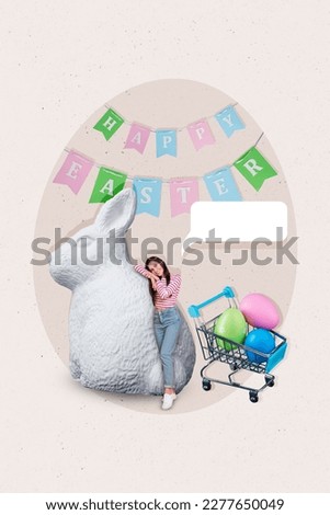 Vertical collage image of mini positive girl huge bunny sculpture market trolley painted eggs happy easter flags