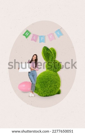 Vertical collage creative portrait of cheerful mini girl hold empty space paper placard big fluffy bunny toy painted easter egg flags decor