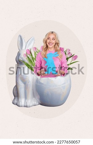 Vertical collage picture of cheerful mini girl inside bunny egg statue vase arms hold mini rabbit cookie isolated on creative background