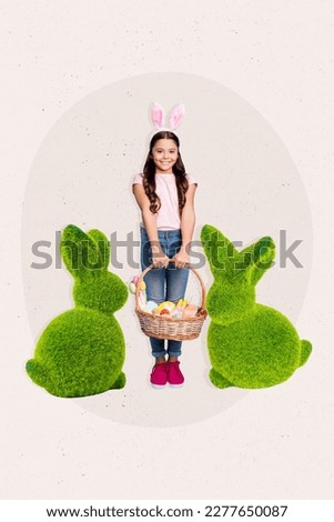 Vertical collage portrait of positive cute small girl hold easter food basket two big grass rabbits isolated on creative background
