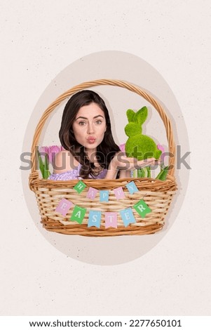 Vertical collage picture of mini lovely girl inside easter food basket arms hold fluffy bunny decor flags isolated on painted background