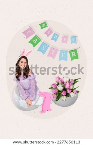 Vertical collage image of positive funky mini girl inside broken egg shell bunny ears tulips flowers happy easter flags rabbit toy