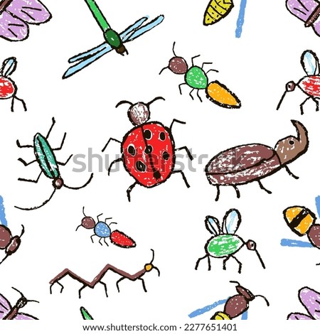 Insect seamless pattern. Crazy doodle insects set background. Crayon like kid`s hand drawn colorful funny butterfly, bug, bee, dragonfly. Vector pastel chalk or pencil childlike cartoon flat art