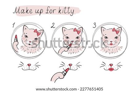 How to make a beautiful cat with makeup. How to use lipstick for kitty. Beauty white kitten girl applying red lipstick. Cute pretty character. Vector cartoon comics art. Only for fashionable cats!
