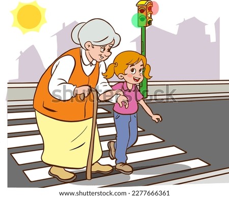child helping old woman.old woman and child walking on crosswalk cartoon vector