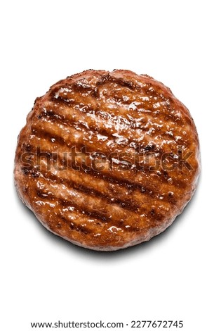 Top view of Single Grilled Beef Burger on white background