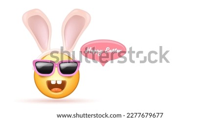 Happy easter funny horizontal banner with cartoon 3d smile face with rabbit ears and sunglasses isolated on white background. Vector 3d square happy eater poster, flyer, banner, label and background