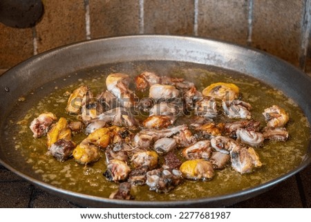 Cooking principle for an authentic Valencian paella with rabbit, chicken and vegetables to be cooked in a rustic kitchen with a large paella over low heat