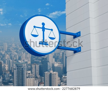 Law icon on hanging blue rounded signboard over modern city tower, office building and skyscraper, Business legal service concept, 3D rendering