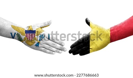Handshake between Belgium and Virgin Islands flags painted on hands, isolated transparent image.