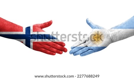 Handshake between Argentina and Norway flags painted on hands, isolated transparent image.