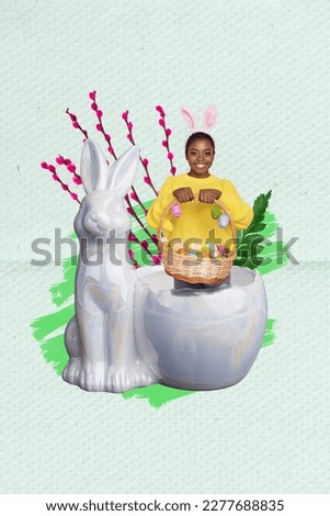 Vertical collage image of cheerful mini girl inside bunny rabbit sculpture statue hold painted easter eggs basket isolated on drawing background