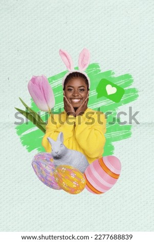 Vertical collage portrait of positive mini girl wear bunny ears fresh tulip flower painted easter eggs rabbit toy like notification