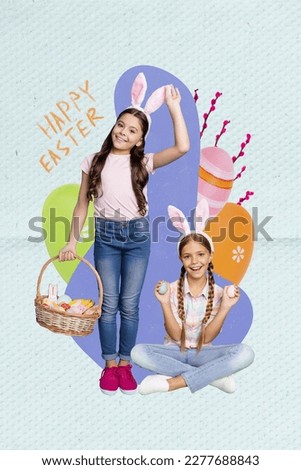Vertical collage image of two cheerful cute girls wear funky bunny ears hold painted eggs basket happy easter text isolated on drawing background