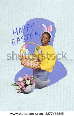 Vertical collage picture invitation card of positive girl inside egg shell hold easter basket wear bunny ears fresh tulip bouquet