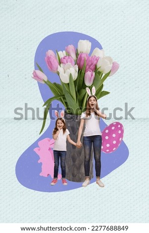 Vertical artwork collage picture of astonished mother daughter hold hands wear bunny ears big fresh tulip flowers vase
