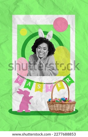 Creative photo collage portrait poster postcard of positive beautiful girl congratulate easter event day isolated on painting background