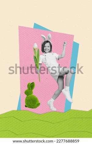 Vertical bright colorful collage photo poster postcard picture of joyful crazy excited girl walking nature isolated on drawing background