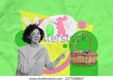 Green colorful collage photo poster picture postcard of cheerful lovely lady demonstrate holiday basket isolated on painting background