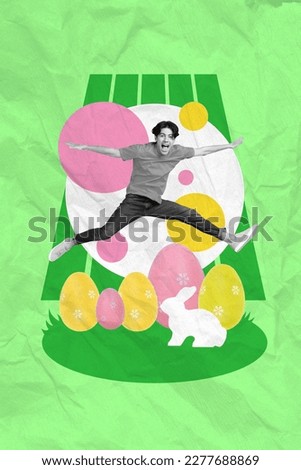 Greeting picture card photo collage poster brochure magazine sketch of excited cheerful guy rejoice holiday isolated on painted background