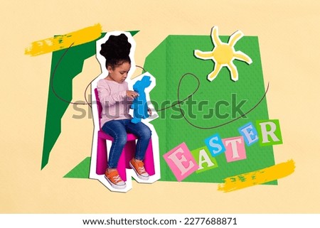 Collage photo poster postcard greeting card of beautiful cute pretty little girl have fun kindergarten isolated on drawing background