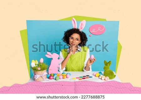 Collage photo poster postcard greeting picture of beautiful dreamy girl paints eggs isolated on drawing background