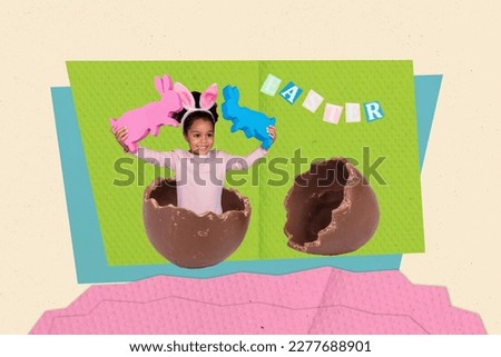 Collage photo poster postcard picture sketch of cute little girl playing sitting inside tasty egg have fun isolated on drawing background