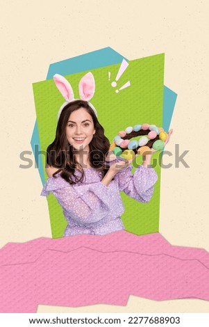 Collage photo poster postcard colorful card brochure of beautiful girl showing cooked boiled holiday eggs isolated on drawing background