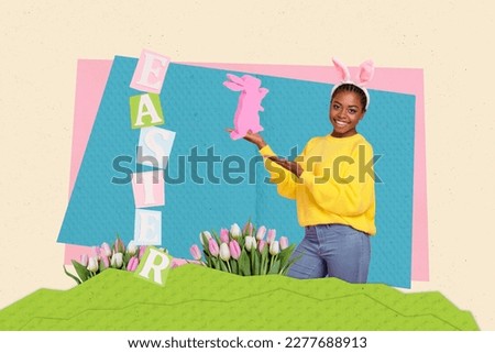 Collage photo poster postcard magazine sketch of cheerful positive lady presenting pink bunny isolated on drawing background
