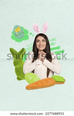 Vertical collage picture of positive minded lady wear funky bunny ears think painted eggs fluffy rabbit toy carrot shape cookie