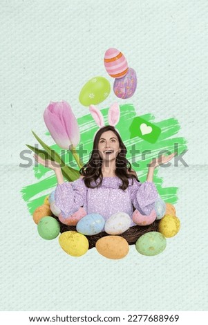 Vertical creative collage image of miniature positive girl collect painted easter eggs big fresh tulip flower receive like notification