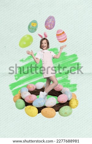 Vertical collage picture of funky positive little girl bunny ears collect big painted easter eggs isolated on drawing background